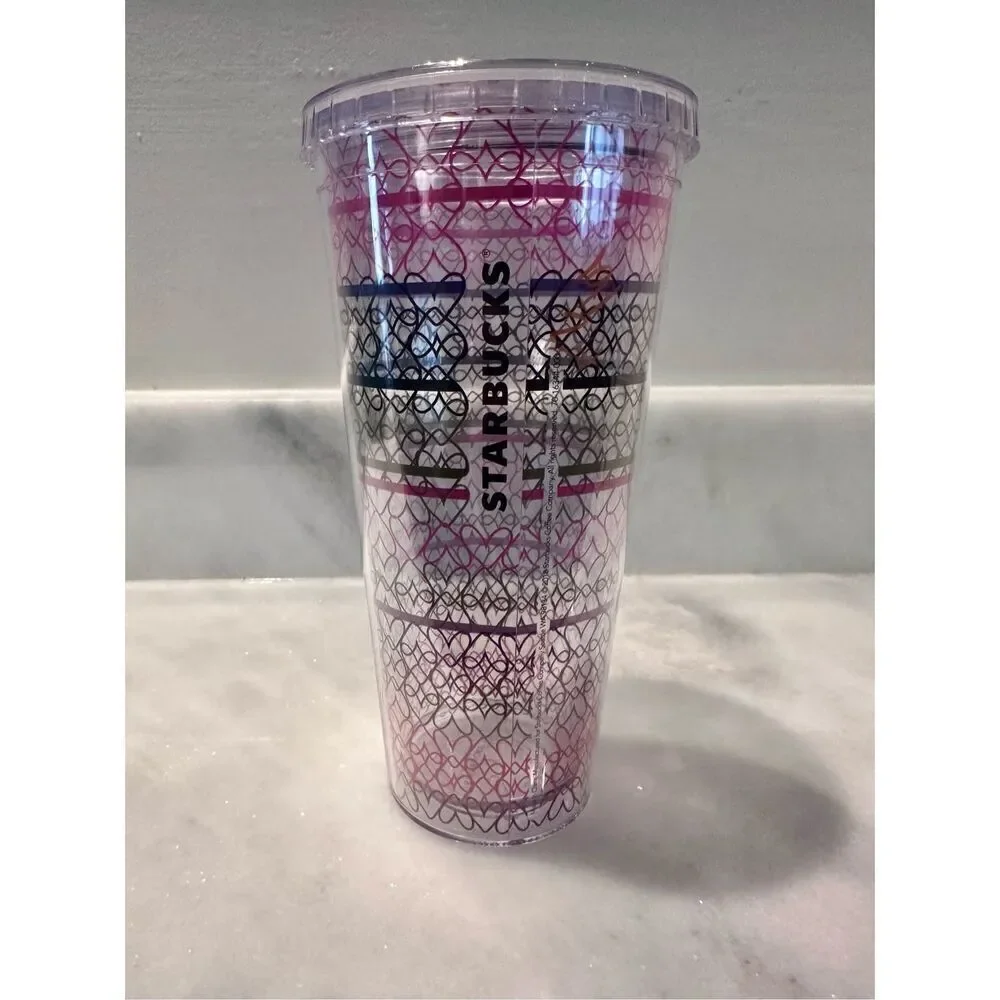 Starbucks Rainbow Hearts Plastic Cup Tumbler W/ Lid & New Straw Multicolor 591ml